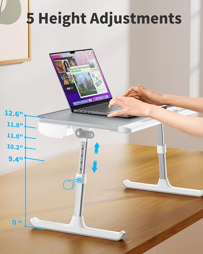 SAIJI Laptop Bed Tray Table, Adjustable PVC Leather Laptop Bed Table, Portable Standing Desk with Storage Drawer, Foldable Lap Tablet Table for Sofa Couch Floor (Gray)