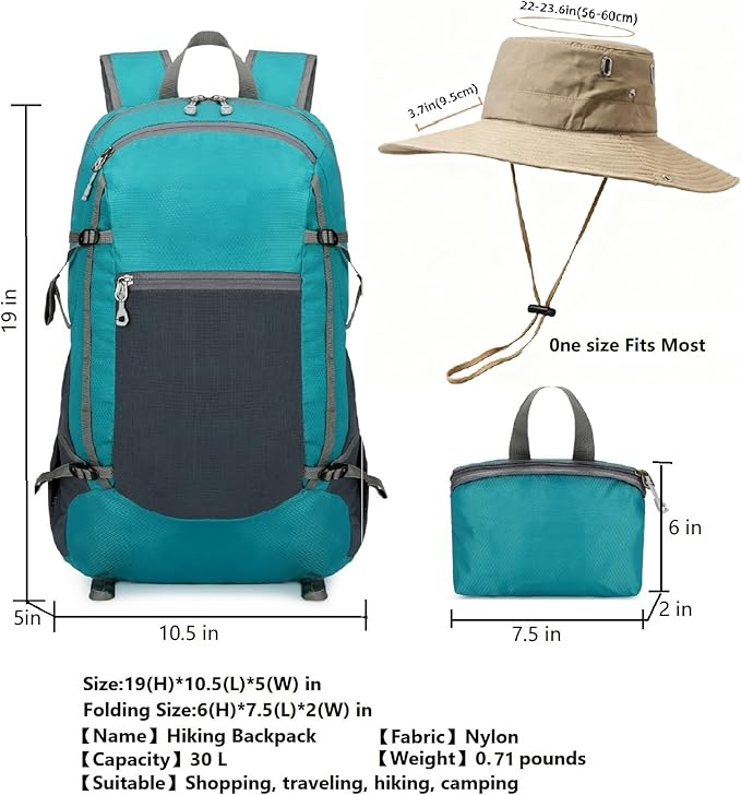 30L Foldable Backpack & Bucket Hat 2 In 1 Combo, Lightweight packable Travel and Fisherman Hat Set, Compact Collapsible Daypack with Sun Hat (Lake Blue)