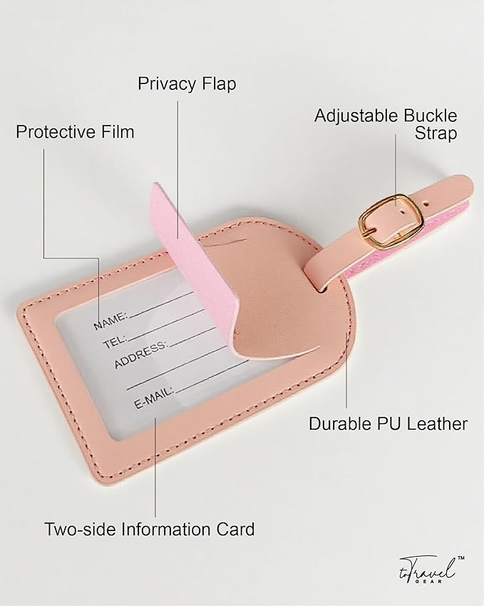 Luggage Tags for Suitcases,2 Pack PU Leather Privacy Protection Bag Tags Travel Accessories Essentials,Pink