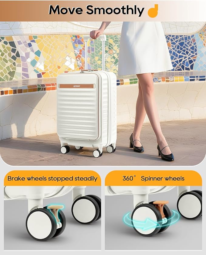 Joyway Carry on Luggage Airline Approved with Front Compartment and Cup Holder, 20 Inch Hard Shell Carry-on Suitcase with Spinner Wheels and TSA Lock for Women Men (Beige, 20 Inch)