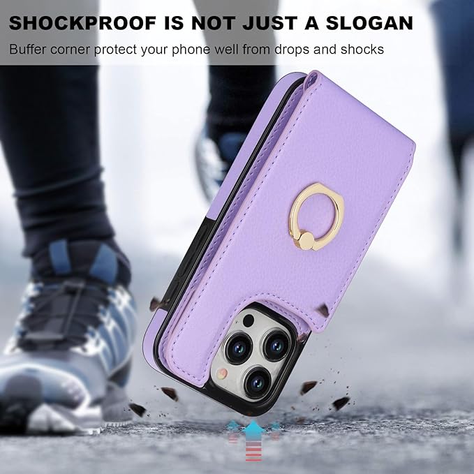 Folosu Compatible with iPhone 15 Pro Case Wallet with Card Holder, 360°Rotation Finger Ring Holder Kickstand, RFID Blocking Leather Protective Double Buttons Shockproof Cover 6.1 Inch Purple