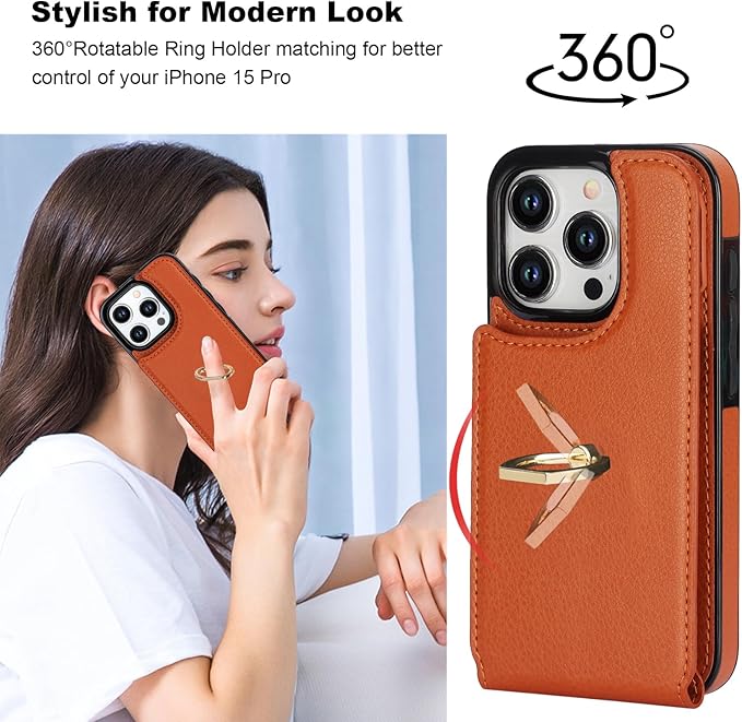Folosu Compatible with iPhone 15 Pro Case Wallet with Card Holder, 360°Rotation Finger Ring Holder Kickstand, RFID Blocking Leather Protective Double Buttons Shockproof Cover 6.1 Inch Brown
