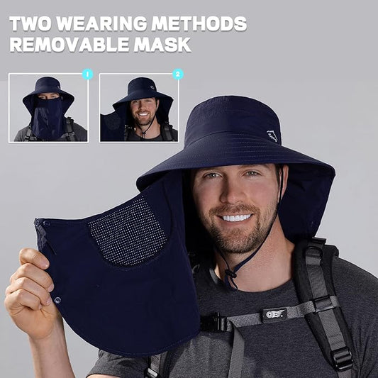 Rosoz Sun Hat for Men Women with Neck Flap,Wide Brim UPF50+ Fishing Hat with Detachable Face Cover Outdoor Sun Protection Hat