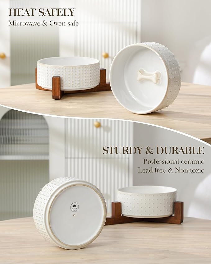 MALACASA Dog Bowl Set with Walnut Wood Stand, 3.5 Cups Ceramic Pet Bowls for Puppy Dogs, Dual Food and Water Bowls with Weighted Non-Slip Base, Basic Bowls for Your Dog or Cat, Rhombic & Polka Dots