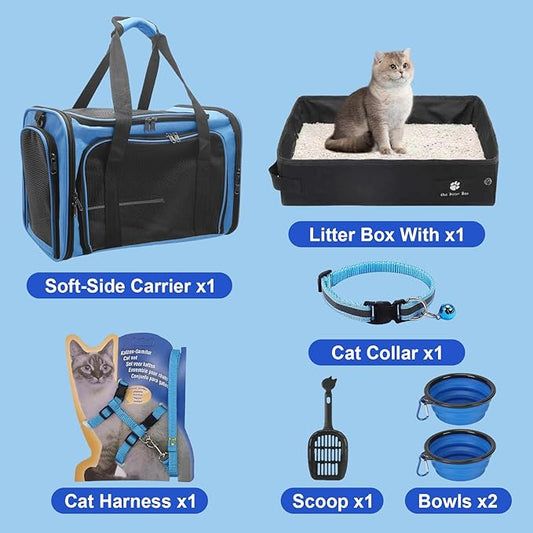 Cat Carrier Soft-Sided & Foldable Travel Litter Box for Cats, Fit for Pet Up to 20Lbs, 17.7' * 11.8 * 11.8 inches Cat Bag for Traveling & Camping, Indoor & Outdoor, Pet Carrier Kit - Blue
