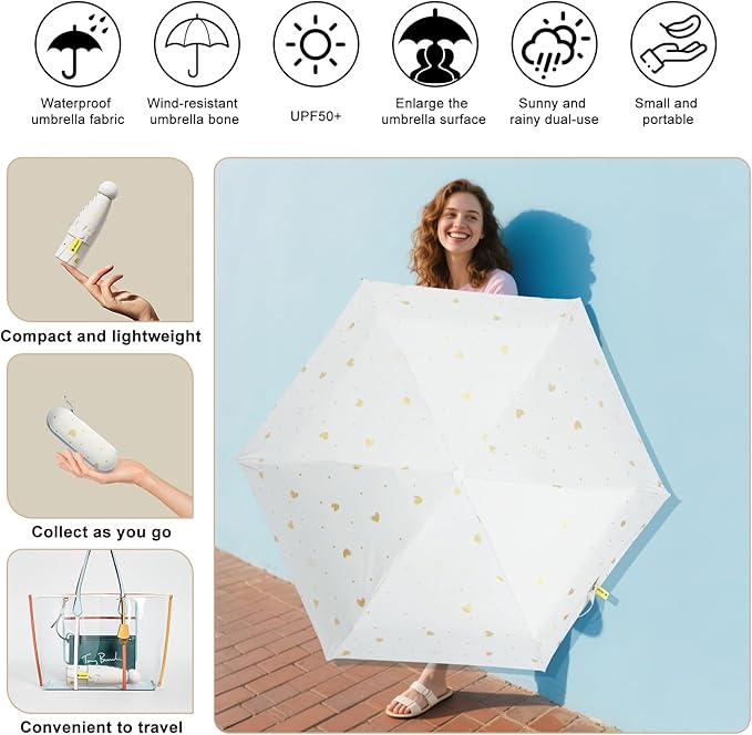 Compact Travel Umbrella - Mini Manual Umbrella for Purse, Windproof & UPF 50+ Sun & Rain Protection, Lightweight Portable Folding with Case for Women, Men，Kids
