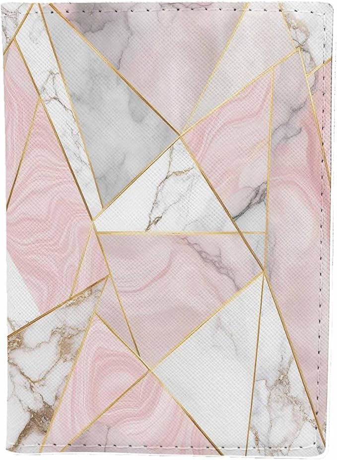 Rose Gold Tile Passport Holder for Travel Pink Grey White Marble Geometry PU Leather Passport Cover Wallet Cute Passport Card Holder for Women and Men