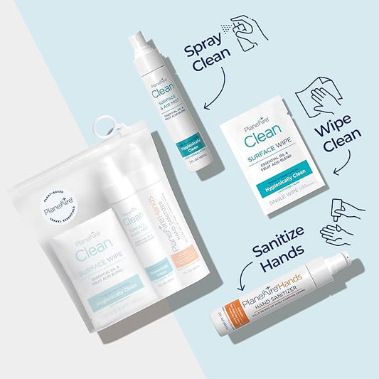 Travel Essentials | Hygiene Kit | Travel Toiletry Kit | Travel Size | Gel Hand Sanitizer Orange Pineapple Scent | Surface Wipes | Individual Travel Wipes | Surface Cleaner | Made with Essential Oils