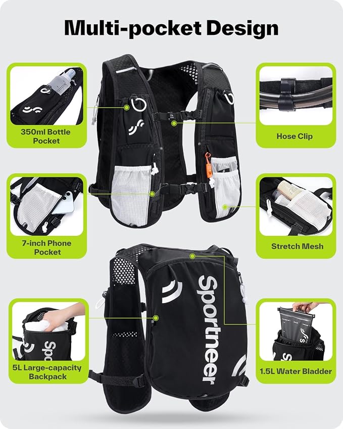 Sportneer Hydration Backpack: Running Vest with 1.5L Water Bladder & Reflective Strips - Lightweight Hydration Vest Backpack for Running Hiking Biking Cycling for Women Men