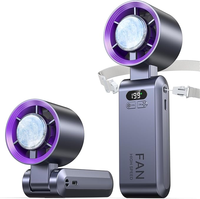 2 Pack Handheld Portable Turbo Fan with Ice Cooler, Speed (1-199) 5500mAh*2 Rechargeable Personal Fan,[20H Cooling Time] Mini Yet Powerful, Small Pocket Fans for Travel/Outdoor/Office, Grey Purple