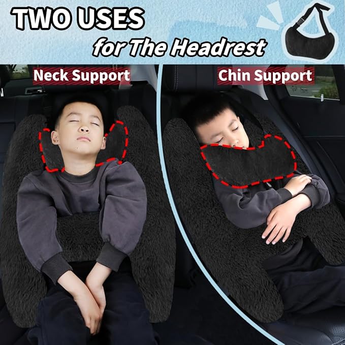 Soft Plush Car Pillow Travel Pillow for Kids with Neck Support Headrest, H-Shape Car Pillows for Kids Sleeping on Long Road Trips, Adults Child Car Seat Pillow, Body Support Travel Accessories, Black