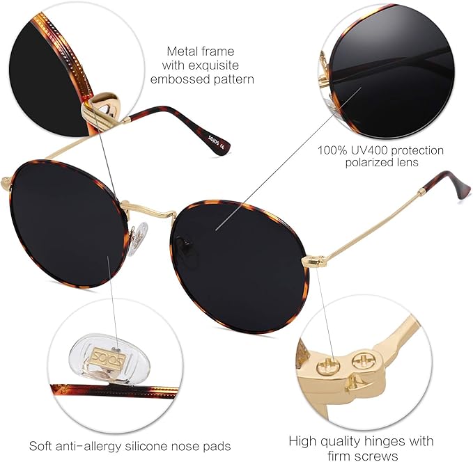 SOJOS Small Round Polarized Sunglasses for Women Men Classic Vintage Retro Shades UV400 SJ1014