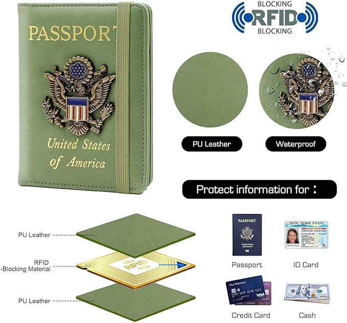 Cnycmy Passport Holder for Travel, Pu Leather Travel Wallet, RFID Blocking, Metal United States Coat of Arms, Waterproof cover for Family (Green)