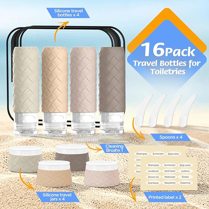 16 Pack Travel Bottles for Toiletries, TSA Approved Travel Size Toiletries Containers Set, BPA-Free Silicone Leak Proof Refillable Bottles Stackable Creams Jars Accessories Kit W/Clear Bag(Cream)