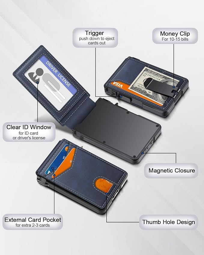 Wallet for Men, Mens Minimalist Wallet 9-13 Cards, Slim Compact Wallet with Money Clip & ID Window, RFID Blocking Smart Pop Up Card Wallet, Metal Aluminum Credit Card Holder Bifold Wallet