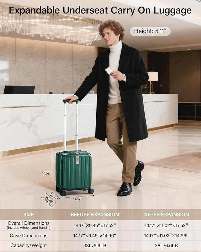 Hanke 16 Inch Expandable Under Seat Luggage with Wheels Top Opening Small Suitcase with Wheels Carry On Luggage Airline Approved Lightweight Hard Shell Suitcases for Weekender Overnight-Blackish Green
