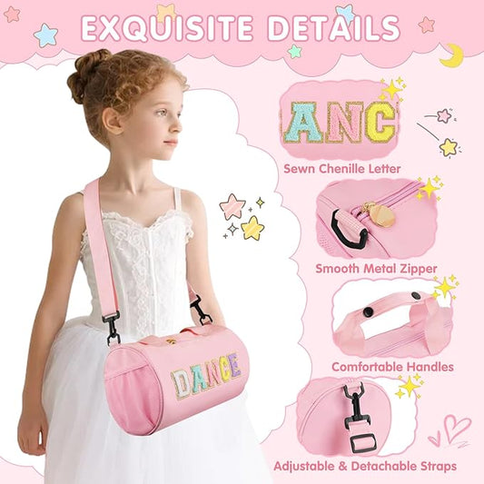 Dance Ballet Bag for Girls, Personalized Sport Gym Workout Toddler Duffel Bag Small Cheer Dance Bags,Cute Chenille Letter Waterproof kids Travel Duffel Bags Gifts for Teens Girl Dancers Athletes(Pink)