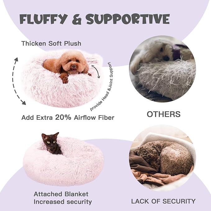 Himax Dog Beds for Small Dogs&Cats, Comfort Dogs Beds with Blanket Attached, Calming Anti-Anxiety Fluffy Dog Bed Washable (20"/26"/35") Pink