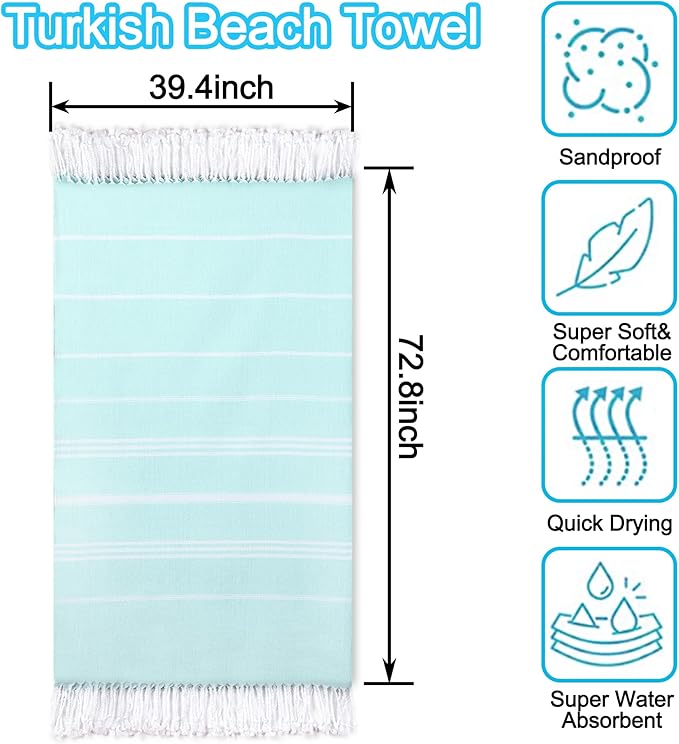 Beach Towel 2 Pack, Sand Free Oversized 39 x 72, Turkish Quick Dry Lightweight Pool Travel Towel, Cool Beach Essentials Super Absorbent