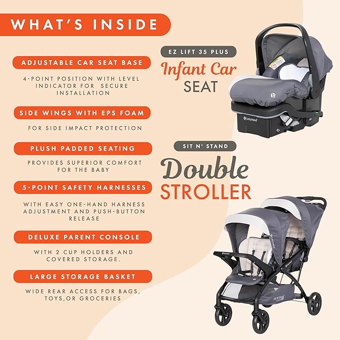 Baby Trend Sit N' Stand Double Stroller 2.0 DLX with 5 Point Safety Harness and EZ-Lift Plus Lightweight Infant Car Seat with Cozy Cover, Magnolia