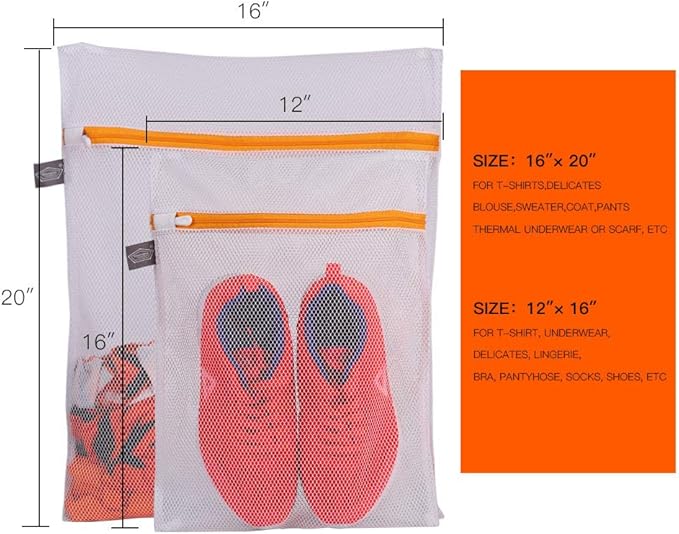 Kimmama Laundry Mesh Wash Bags, Lingerie Bags for Washing Delicates, White Net, Orange Zipper, 1L & 1M