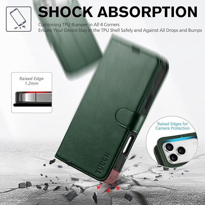 TUCCH Wallet Case for iPhone 17 Pro Max (6.9") 2025, RFID Blocking 4 Card Slots, Kickstand, Shockproof TPU Shell, PU Leather, Magnetic Closure, Protective Flip Folio Cover, Evergreen