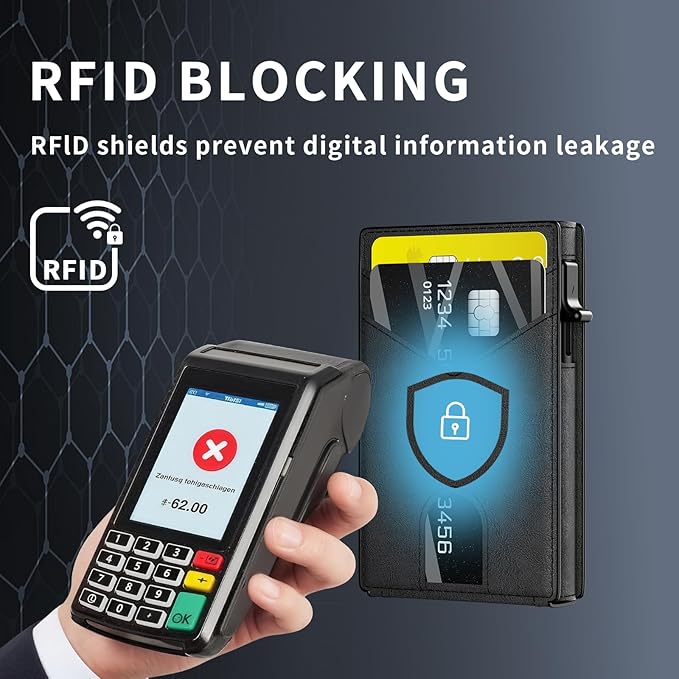KISUEDZP Wallet for Men Slim RFID Blocking-Metal Smart Pop-Up Credit Card Holder with 2 ID Windows, Holds 8-10 Cards,Bifold Minimalist Front Pocket Wallet & Money Clip,Men's accessories (Black)