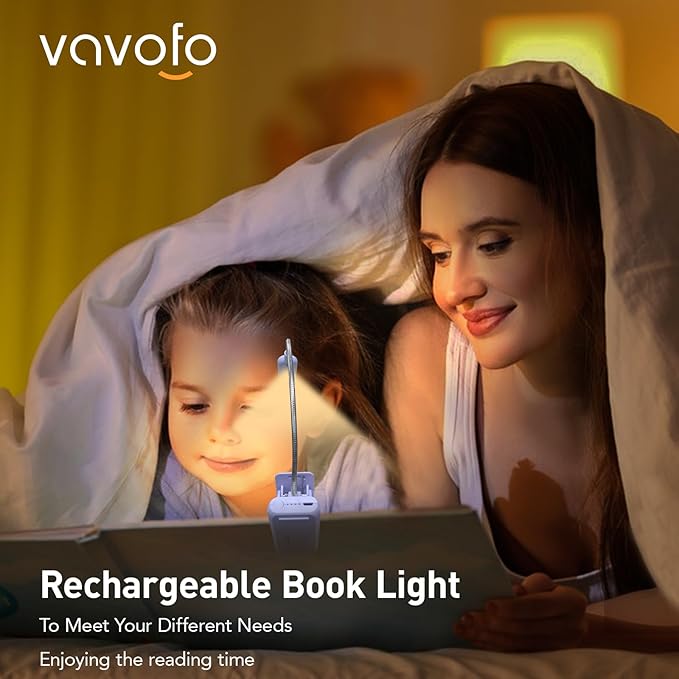 VAVOFO Rechargeable Book Light for Reading in Bed Kids, 7 LED Reading Light with 9-Level Warm Cool White Daylight, Eye Care Lamp with Power Indicator for Bookworms (Purple)