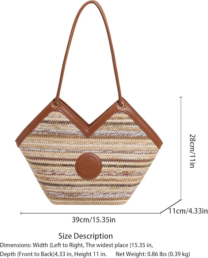 ZOCILOR Women's Straw Shoulder Tote Bag with PU Leather Trim, Large Woven Beach Handbag, Lightweight Casual Summer Purse