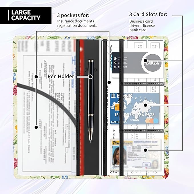 Leather Car Registration and Insurance Card Holder, Cute Car Accessories Vehicle Glove Box Car Organizer for Documents, Cards, License Retro Colorful Flowers