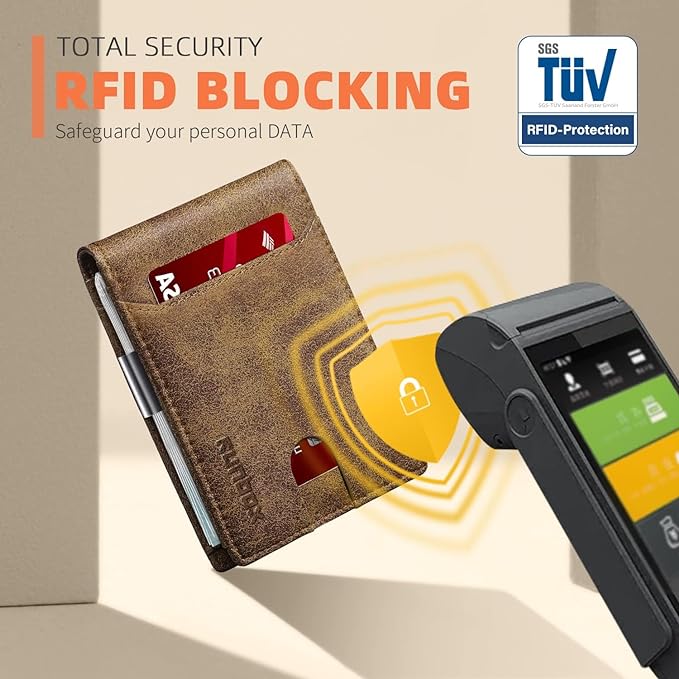 RUNBOX Slim Wallets for Men - Leather Money Clip Mens Wallet - RFID Blocking Front Pocket Bifold Wallet - Minimalist Credit Card Holder with Gift Box