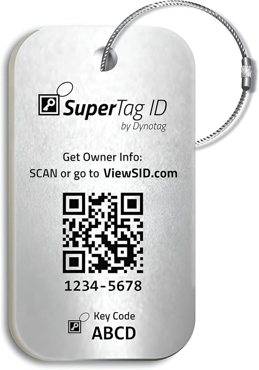 Dynotag® Sentry Series Solid Metal Web Enabled Smart Luggage Tag ID + Steel Loop, Anodized Aluminum with DynoIQ™ & Lifetime Recovery Service (Frost Silver)