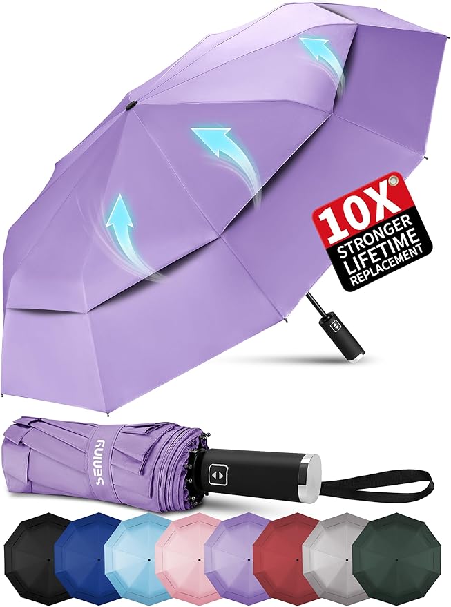 Seniny Travel Umbrella with Carabiner Handle, Windproof Large Umbrellas for Rain with Dual-Rib Structure, Portable Compact Umbrella with Reflective Strip, Car Backpack UV Umbrellas for Sun Protection