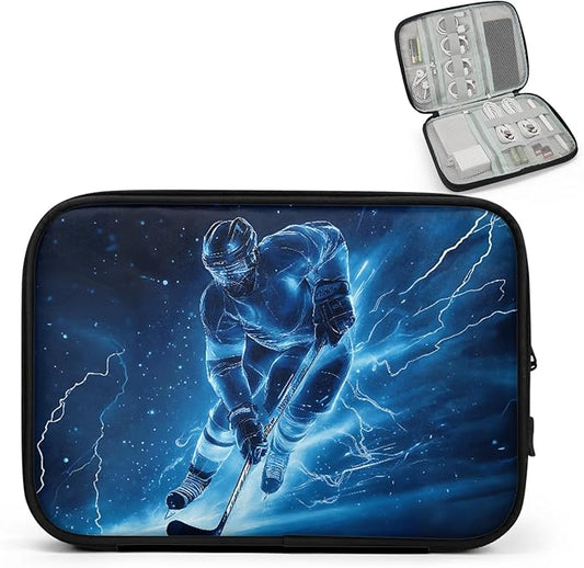 Ice Hockey Travel Cable Organizer Pouch Lightning Electronics Accessories Carry Case Portable Water Resistant Storage Bag for Cord Charger Phone Earphone SD Card