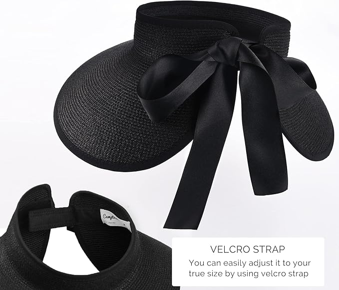 Camptrace Sun Visors for Women Wide Brim Beach Hat Foldable Straw Visor Hat Ponytail Summer Packable UPF 50+