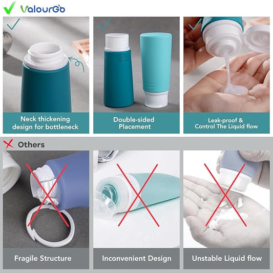 Valourgo TSA Approved Travel Bottles for Toiletries, 3.4oz Portable Leak Proof Tubes, BPA Free Refillable Accessories With Clear Toiletry Bag, Green