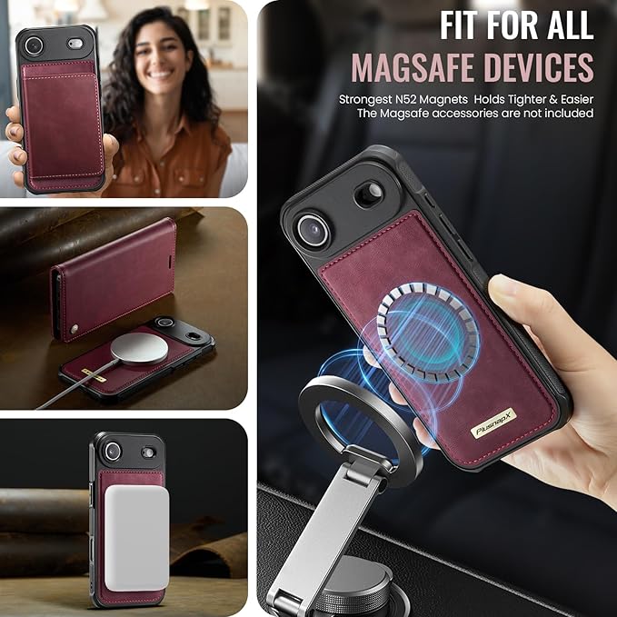 PlusnapX Wallet Case for iPhone Air Compatible with Magsafe, 2-in-1 PU Leather Flip RFID Blocking Card Holder Stand ShockAirof Magnetic Detachable Case for iPhone 17 Air Case 6.5", Burgundy