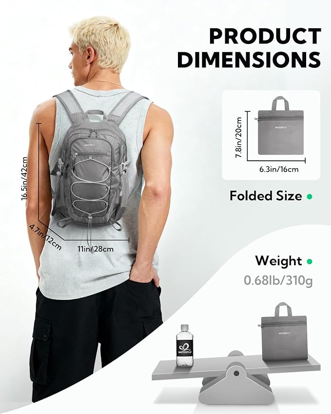 WATERFLY Small Lightweight Packable Backpack: 15L Mini Ultra Light Foldable Travel Daypack with Breathable Shoulder Strap Outdoor Hiking Camping Day Pack for Women Men Gray
