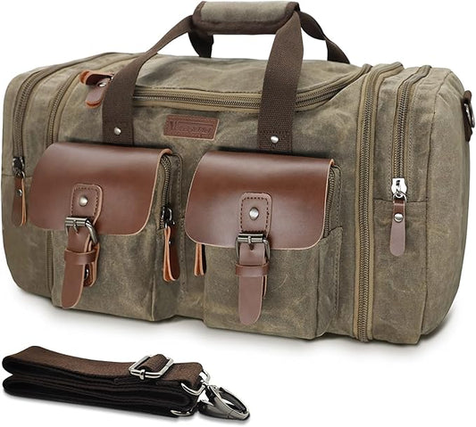 Wildroad Waxed Canvas Duffle Bag - 60L Waterproof Genuine Leather Weekender Overnight Travel Hand Bag
