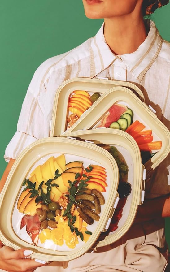 Crudités | Portable Snack Tray | Square 2-Pack | Cream White | Reversible Stretch Lid Food Containers | BPA-Free, Freezer & Dishwasher Safe | Meal-Prep, Charcuterie, Salads, Picnic, Travel
