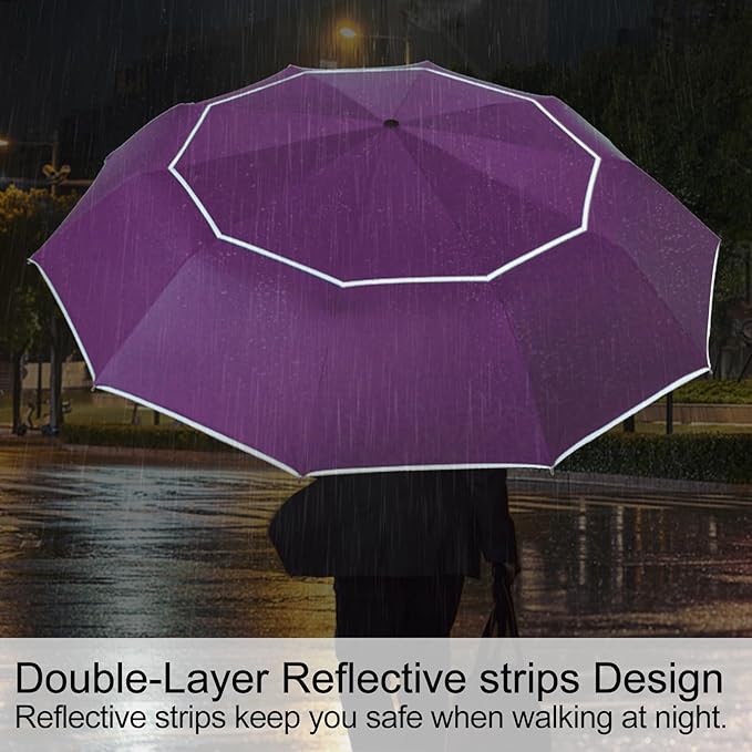Satol Extra Large Golf Umbrella, 46/54/62 Inch Windproof 10 Ribs Vented Double Canopy Reflective Strips Automatic Open/Close Waterproof UV Protection Portable Compact Umbrella for Outdoor & Travel