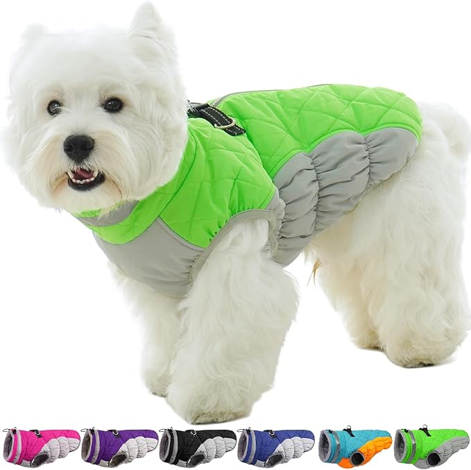 OUOBOB Warm Dog Coats for Medium Dogs, Waterproof Dog Jacket with Harness Built in, Zipper Clousure, Fleece Lining for Cold Weather Outdoor Walks, Snowsuit for Schnauzer, Boston Terrier, Pug - M