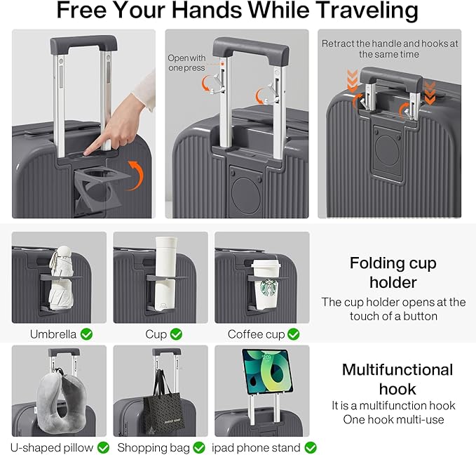 mixi Checked Luggage with Cup Phone Holder Hard Shell Rolling Travel Suitcase with Spinner Wheels,24 Inch Rock Grey