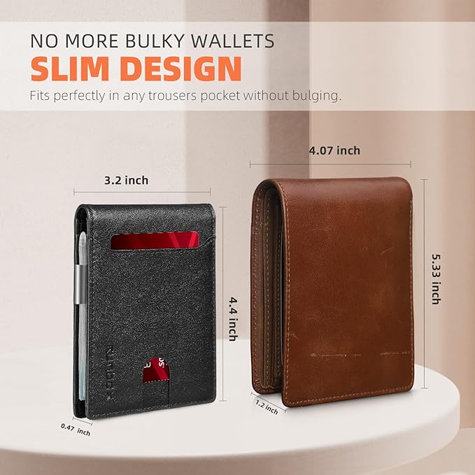 RUNBOX Slim Wallets for Men - Leather Money Clip Mens Wallet - RFID Blocking Front Pocket Bifold Wallet - Thin Credit Card Holder with Gift Box