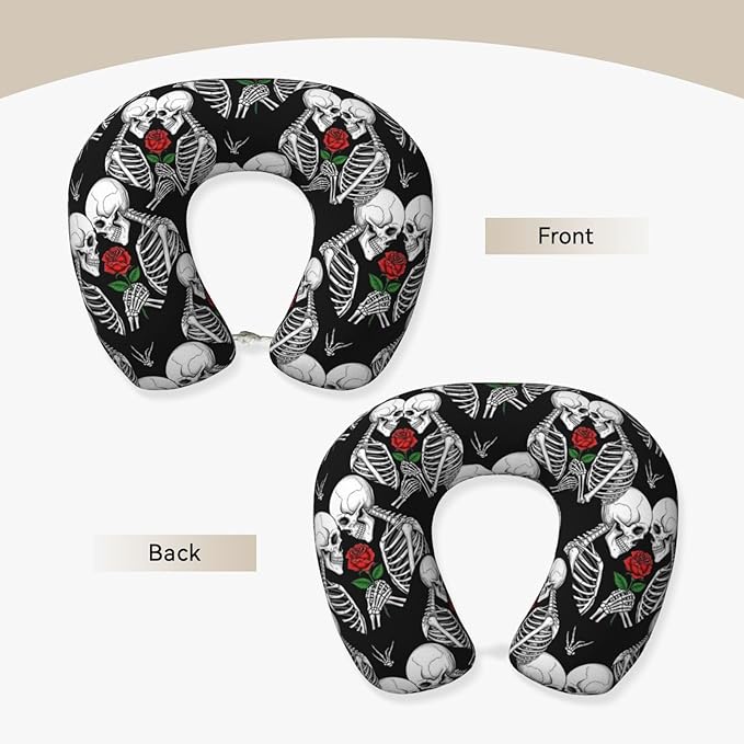 Neck Travel Pillow, Women Men Washable Airplane Car Pillows Rose Flower Skull Love Skeleton, Head Support Rest U Shaped Cushion Comfortable for Watching TV
