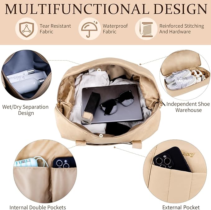 Weekender Bag, Large Travel Duffel Bag for Women, Carry on Overnight Bag with Shoe Compartment and Toiletry Bags