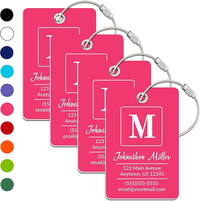 Personalized Luggage Tag | 4 Pack | Custom Luggage Tags for Suitcases | Kids Backpack Tag | 10 Color Options & Choose Font, Font Color