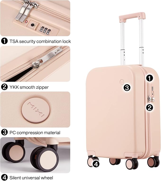 mixi Carry on Luggage, 20'' Suitcase Spinner Wheels Luggage Hardshell Lightweight Rolling Suitcases PC with Cover & TSA Lock for Business Travel, Pink