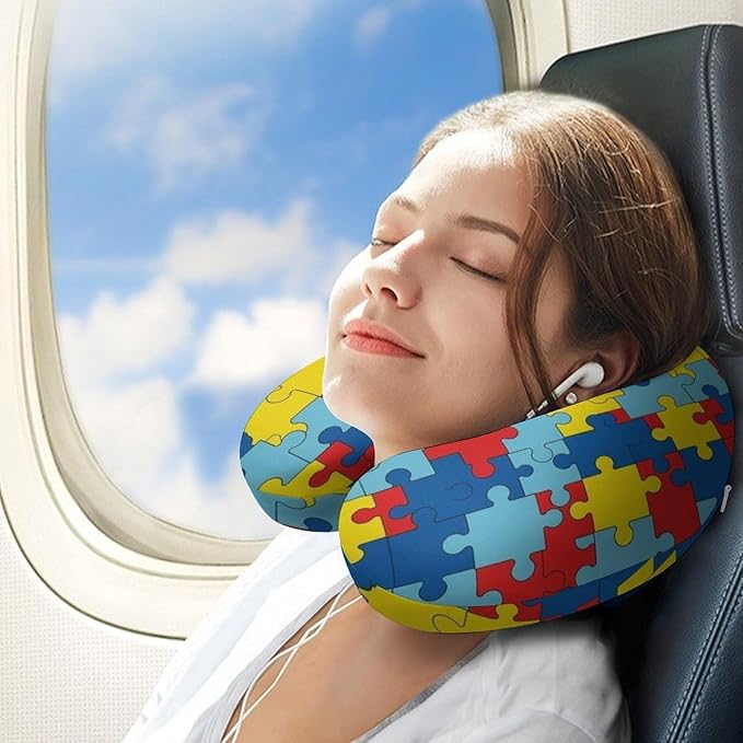 Lightweight Travel Neck Pillow Autism Awareness Puzzle Memory Foam U Shaped Cushion, Washable Removable Cover for Airplane Car Outdoor Rest