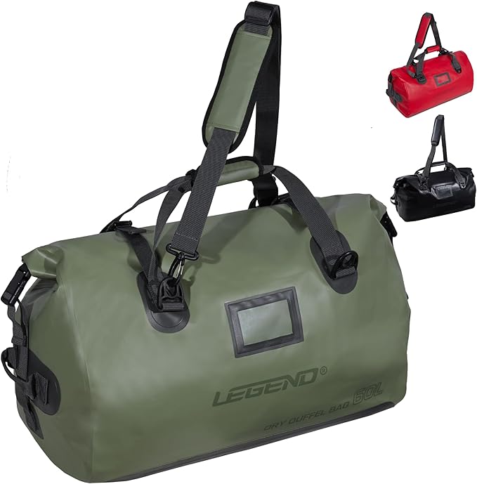 LEGEND Waterproof Duffel Bag - Heavy Duty Duffle Bag for Outdoor, Camping, Boating & Travel, Premium PVC Dry Duffel Bag, Motorcycle Dry Bag with Durable Strap & Handles with Large Storage - 60L Green